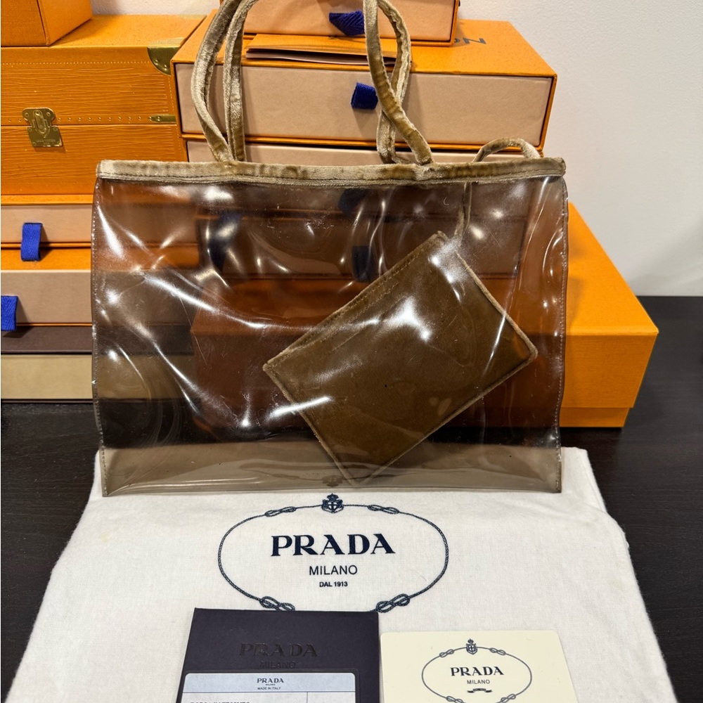 Prada Vintage Clear Tote with Velvet Trim in Tan